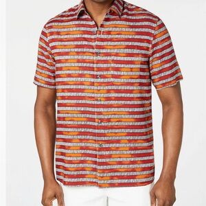 Tasso Elba Men Regular-Fit Red White Stripe Short-Sleeve Silk Blend Shirt XXL